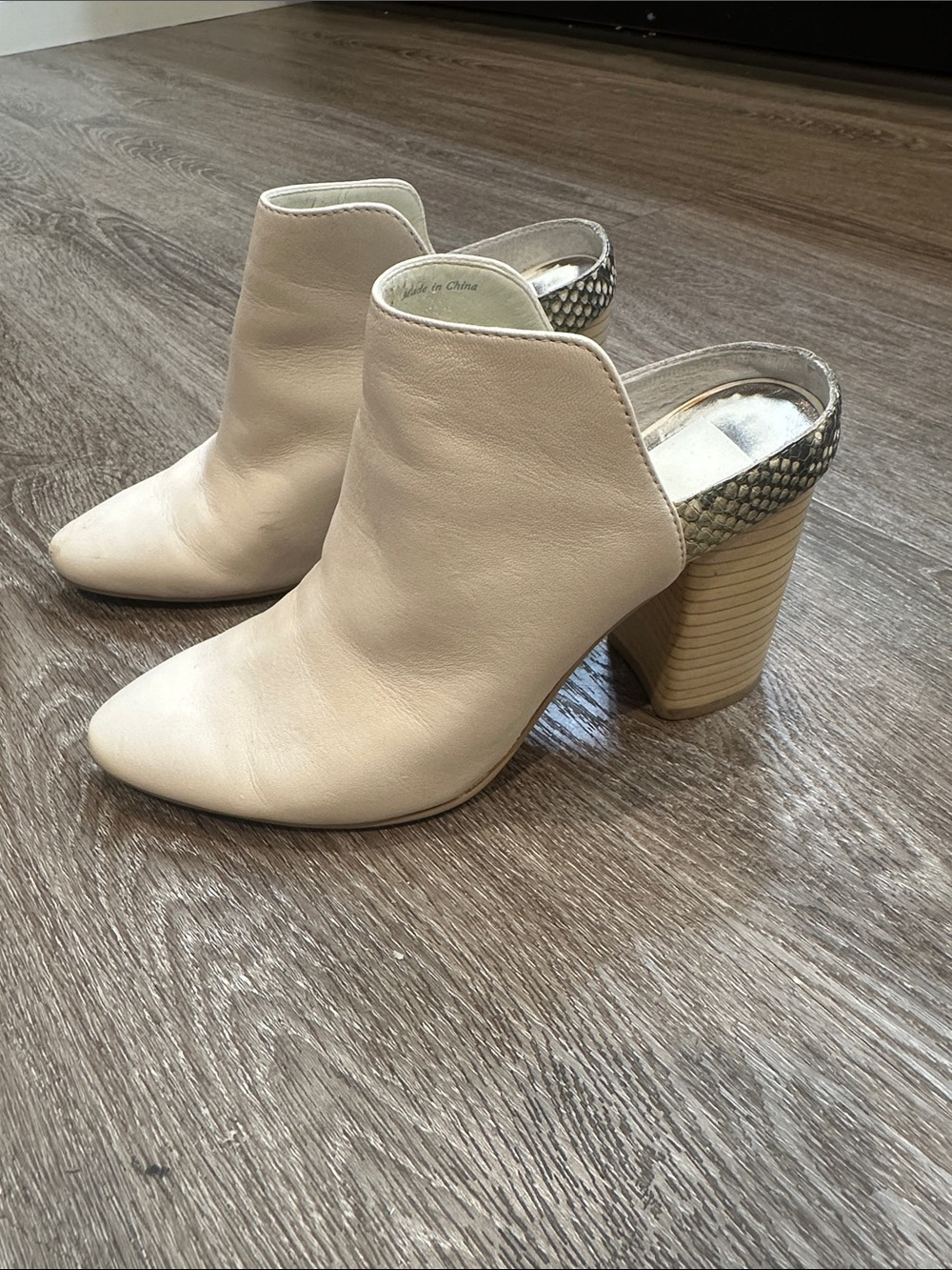 Dolce Vita Cream Leather Block-Heel Mules with Snakeskin Trim